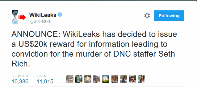 Wikileaks offers reward for conviction of Seth Rich's murder